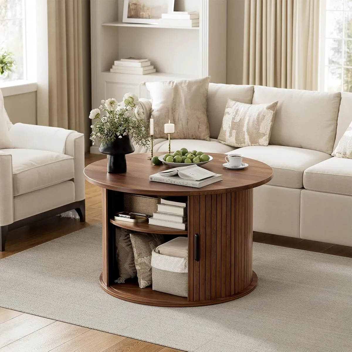 Round Lift Top Coffee Table Fluted Wood Accent - Image 3