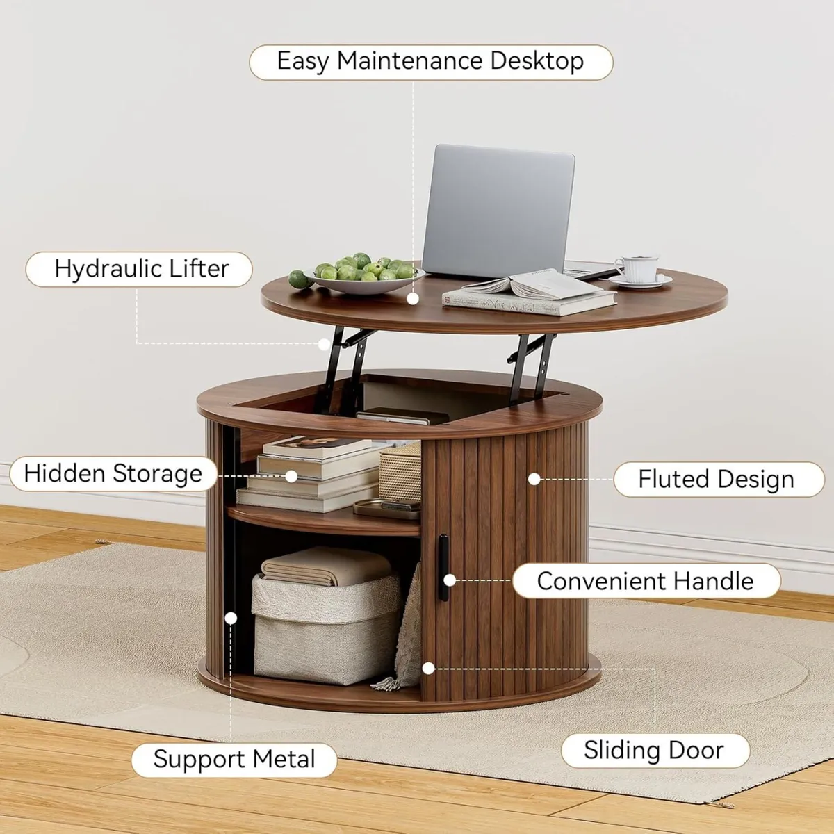 Round Lift Top Coffee Table Fluted Wood Accent - Image 4