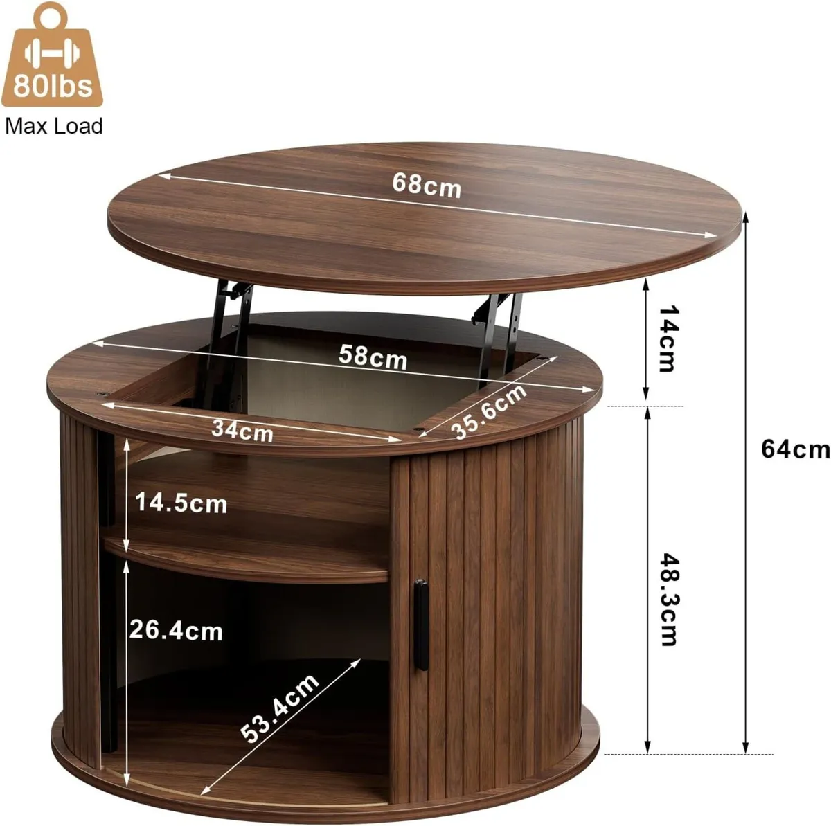 Round Lift Top Coffee Table Fluted Wood Accent - Image 2