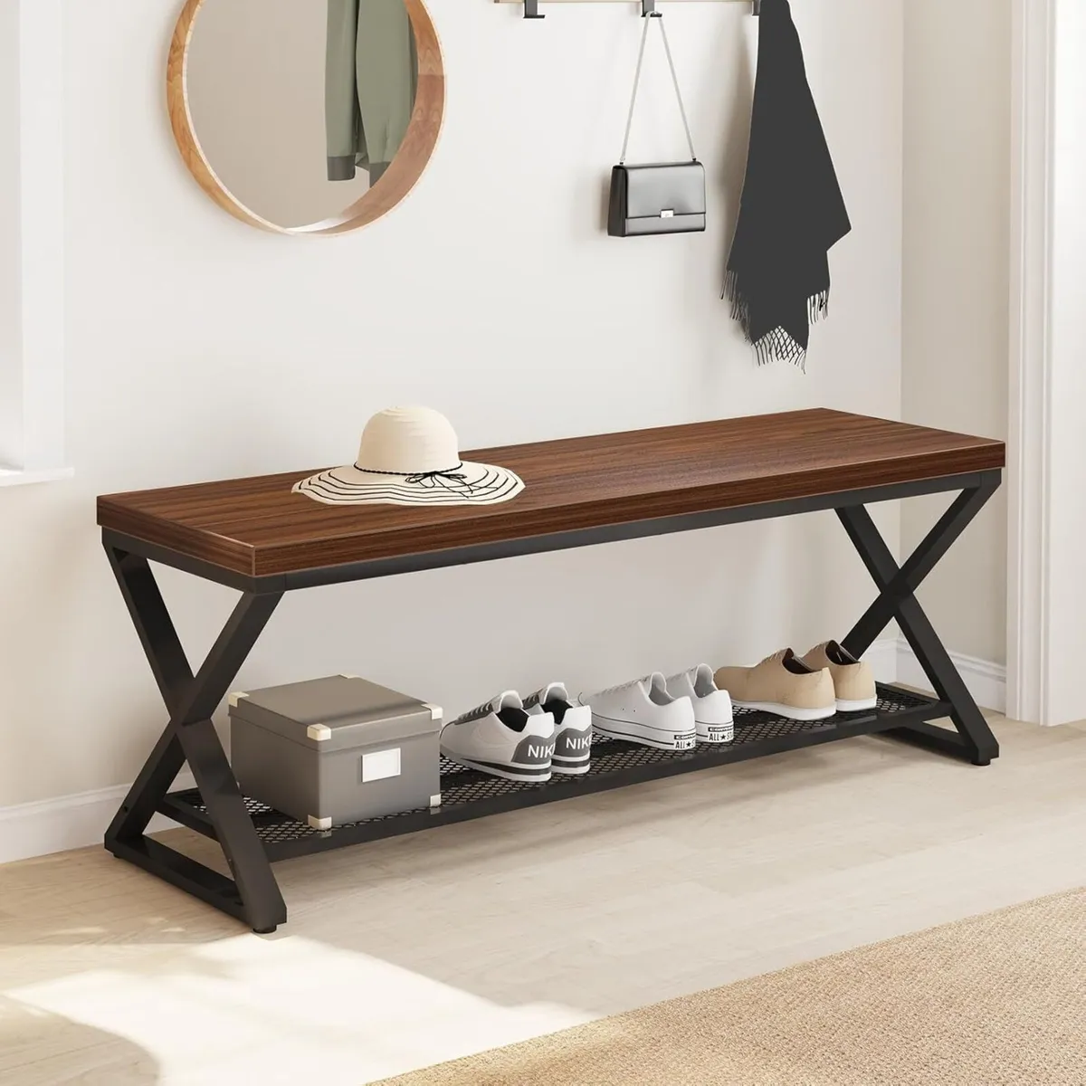 Entryway Shoe Rack with Storage Wood and Metal - Image 3