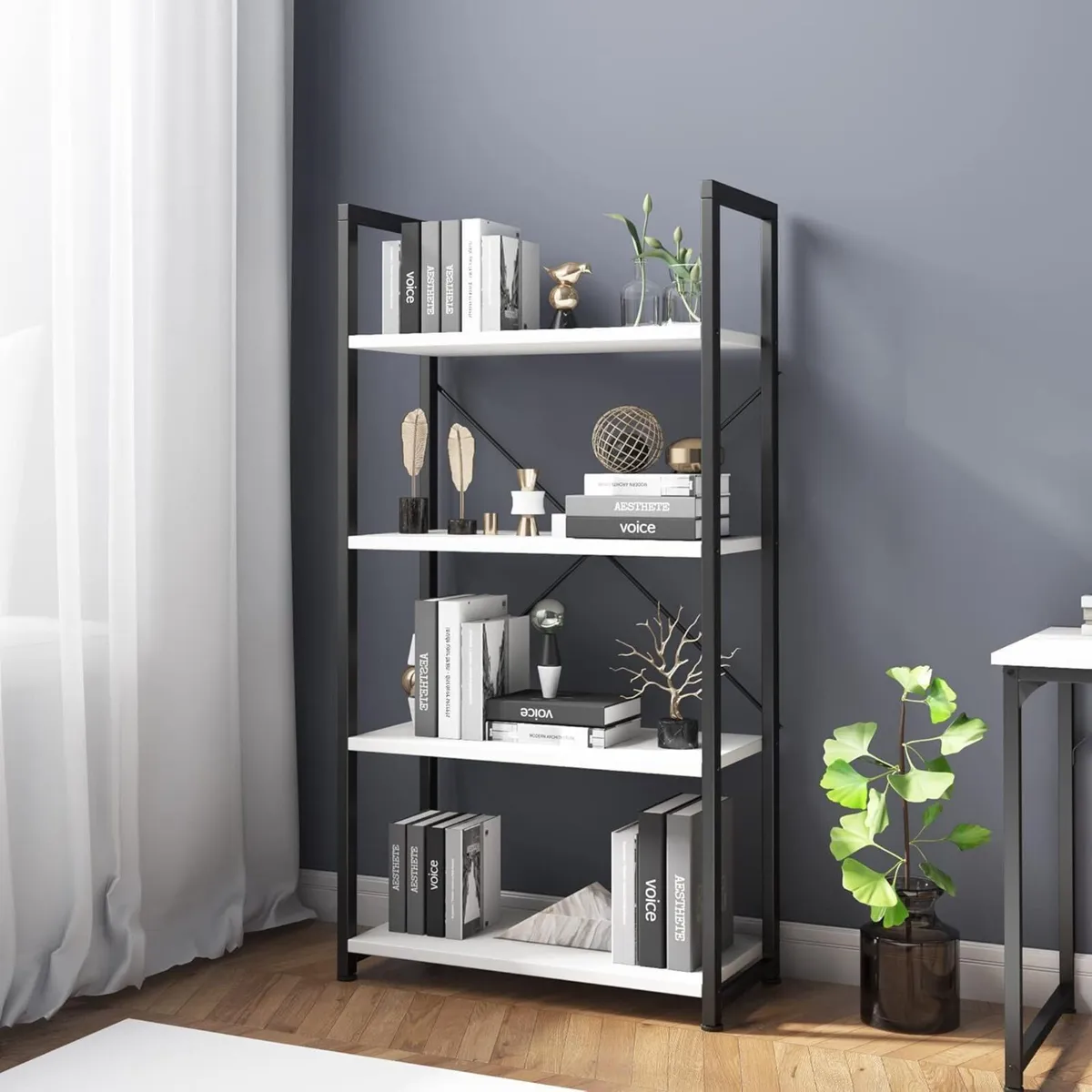 Industrial Bookshelf 4-Tier 24inch White Shelving - Image 3