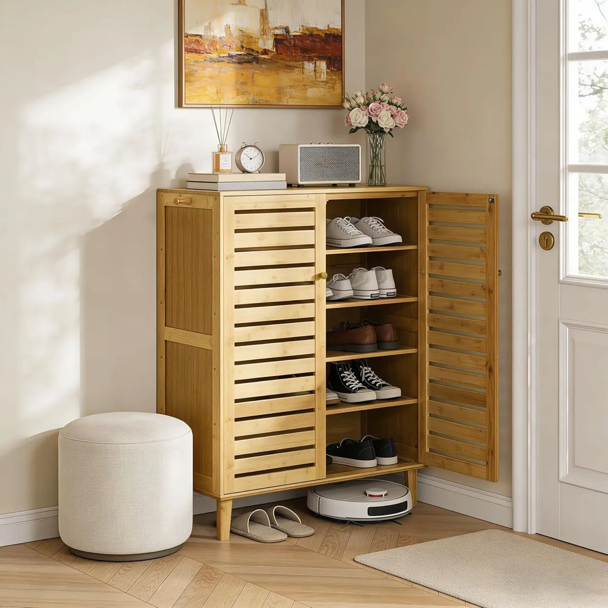 Bamboo Shoe Storage Cabinet with 5-Tier Shelves - Image 1