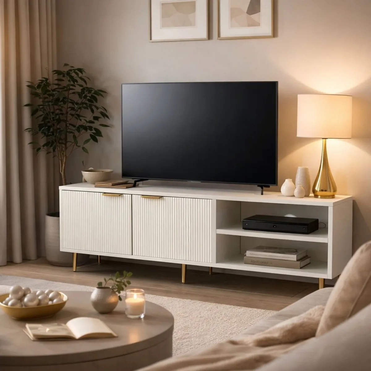 Modern White TV Unit 150cm Ribbed Doors Gold Legs - Image 1