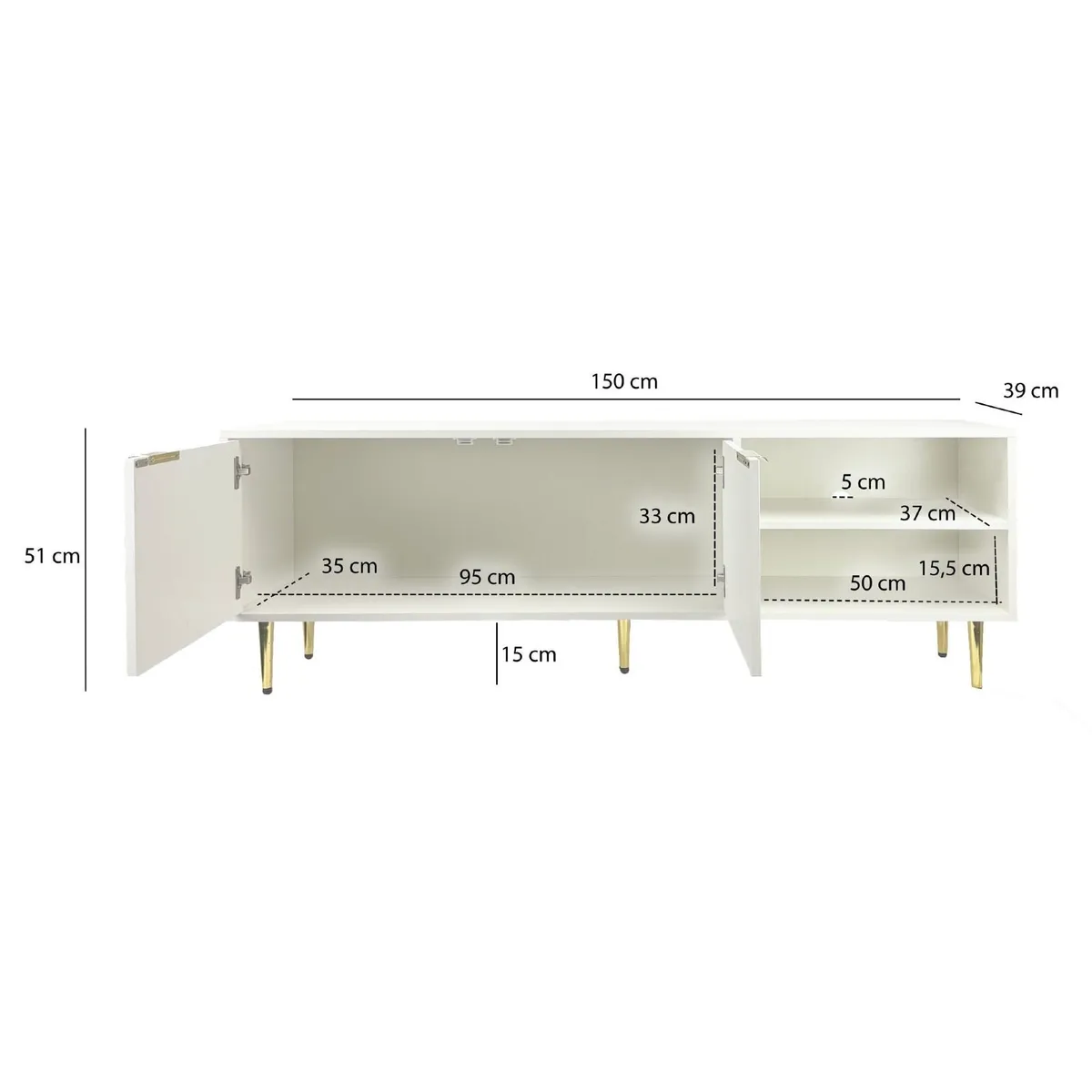 Modern White TV Unit 150cm Ribbed Doors Gold Legs - Image 2