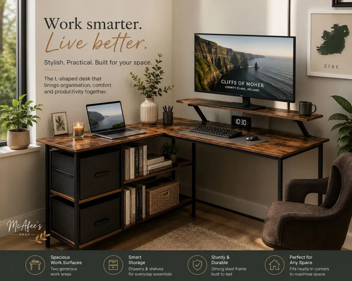 L-Shaped Corner Desk with Drawers & Monitor Shelf - Image 1