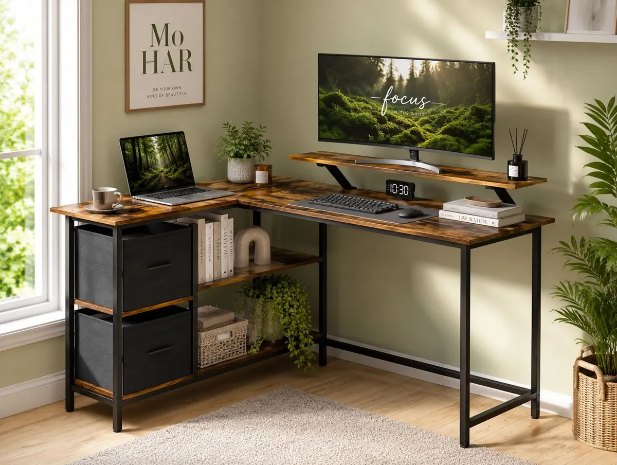 L-Shaped Corner Desk with Drawers & Monitor Shelf - Image 2