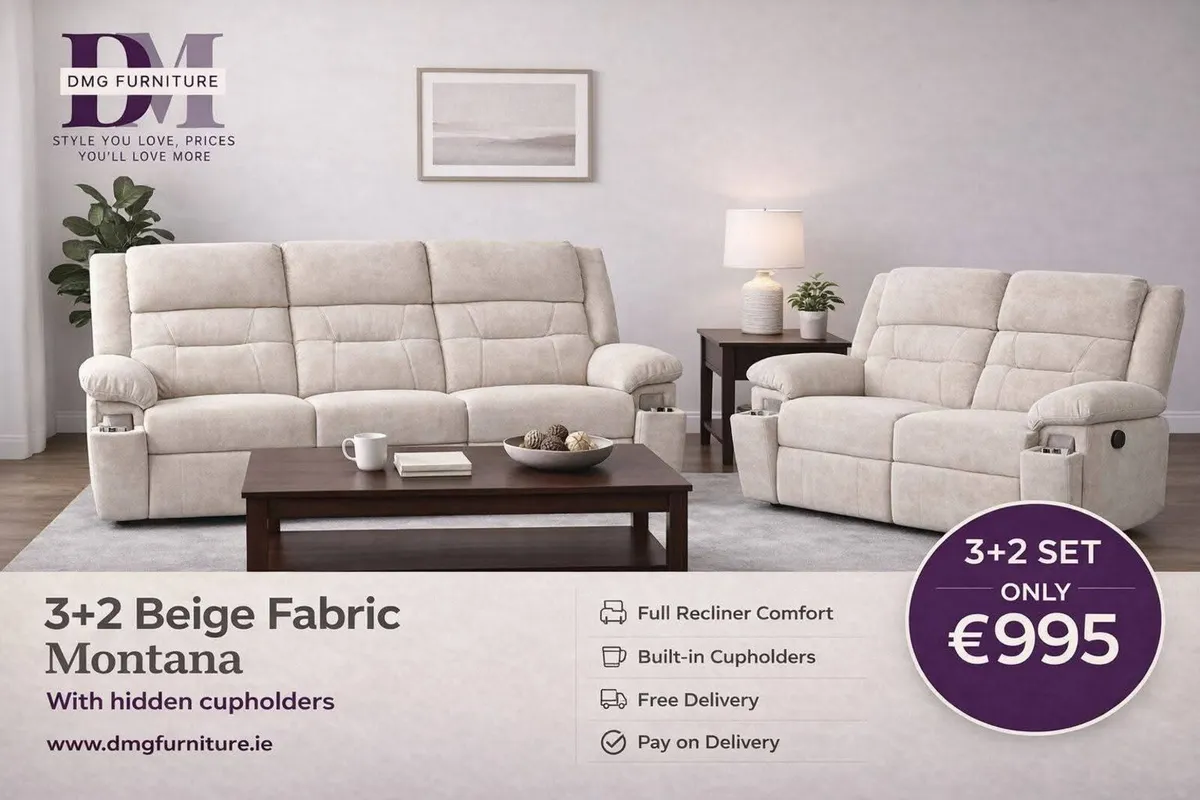 New 3+2 Montana Fabric Recliner Sofa Set Cupholder - Image 2