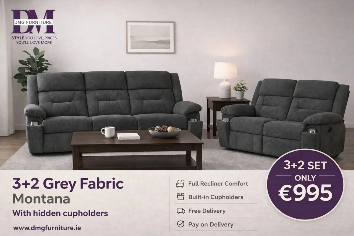 New 3+2 Montana Fabric Recliner Sofa Set Cupholder - Image 1