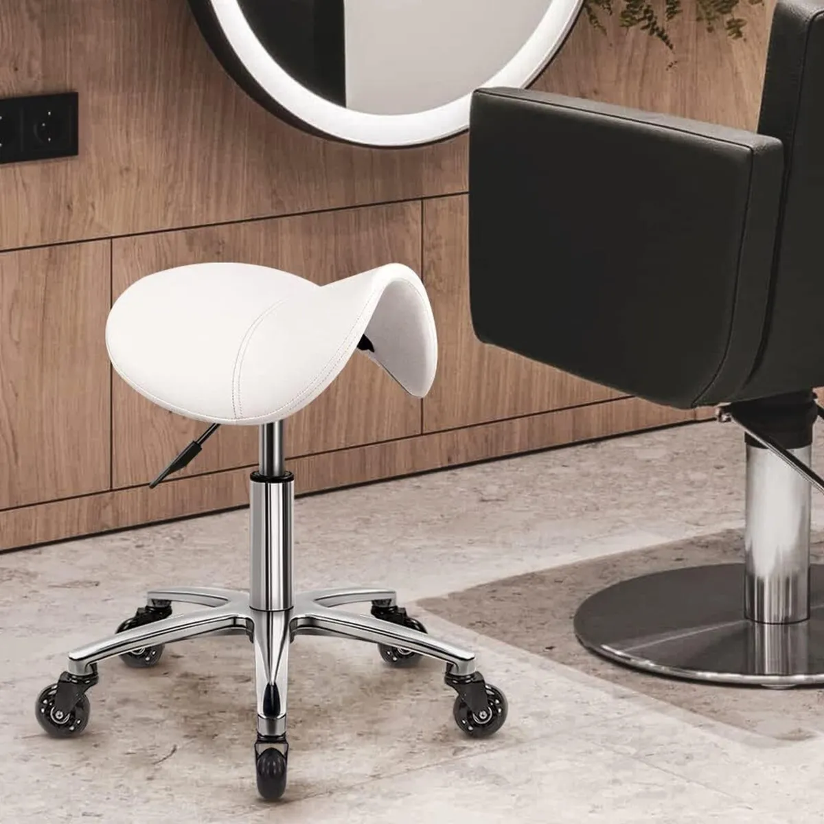 Saddle Stool PU Leather Swivel Chair with Wheels - Image 3