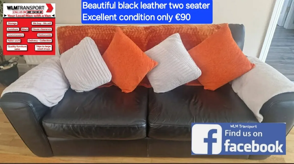 Two seater black leather couch - Image 1