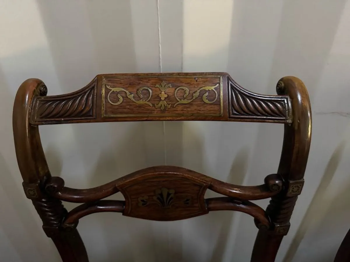 A Rare Pair of Regency Cut-Brass & Rosewood Side Chairs (c. 1820) - Celebrating 200 Years of Craftsmanship - Image 2