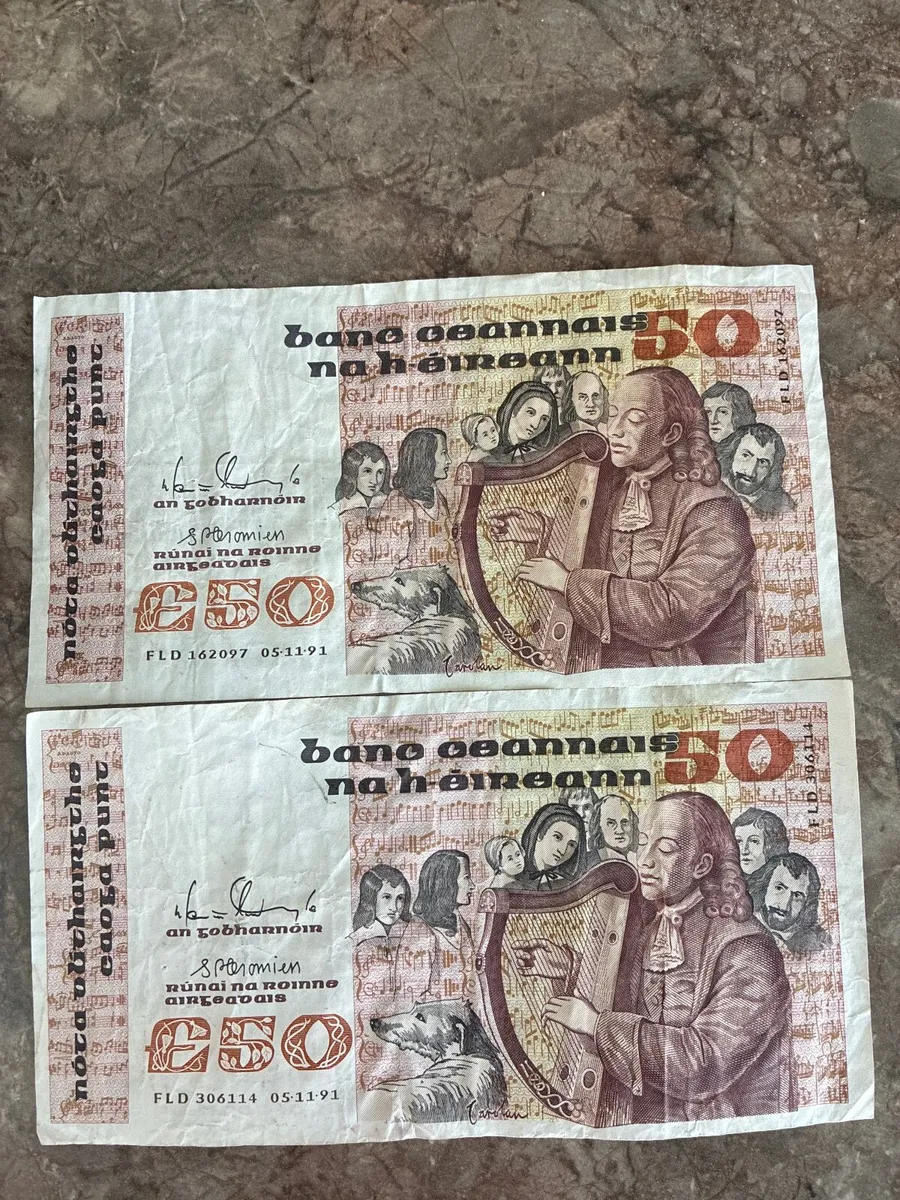 Rare Pair of 1991 Irish £50 Series B Banknotes – T
