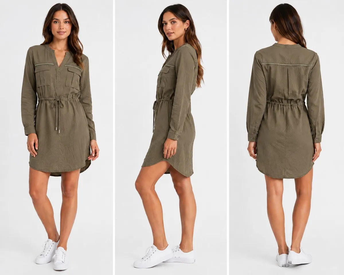 Women's Khaki Utility Shirt Dress with Drawstring - Image 2