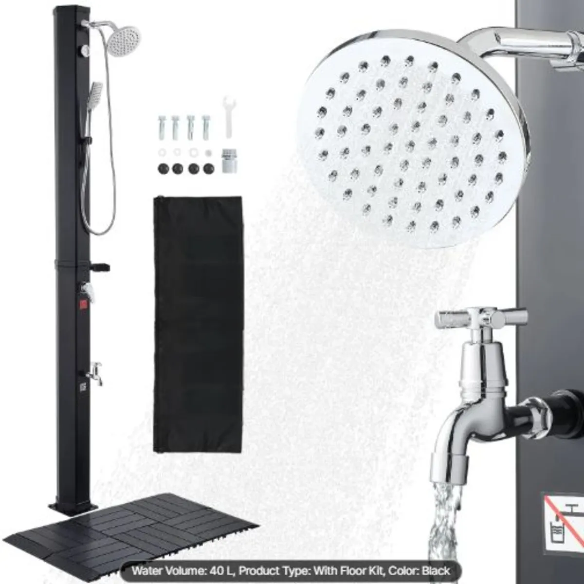 40L Solar Heated Shower, 205cm Showerhead Height - Image 1