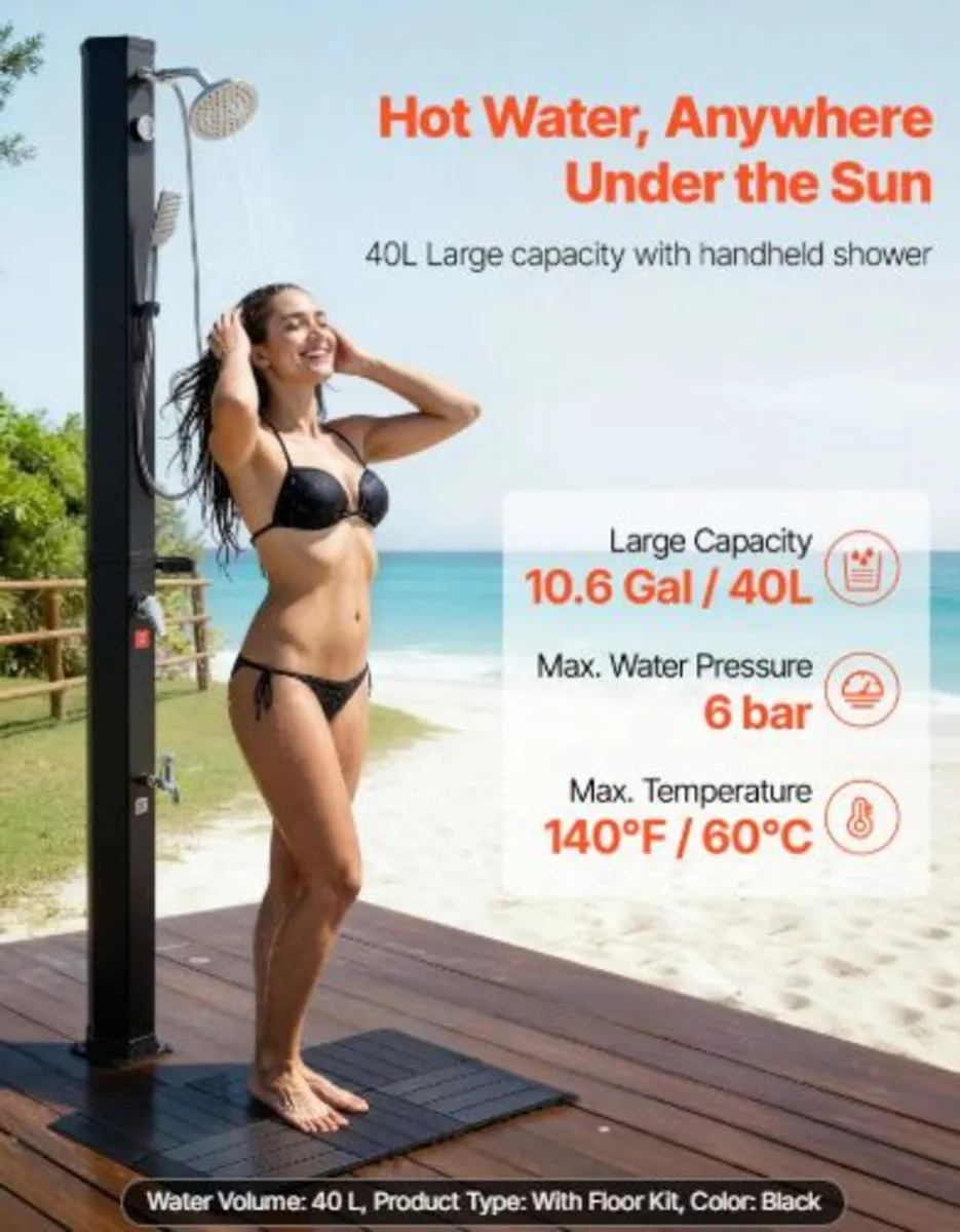 40L Solar Heated Shower, 205cm Showerhead Height - Image 2