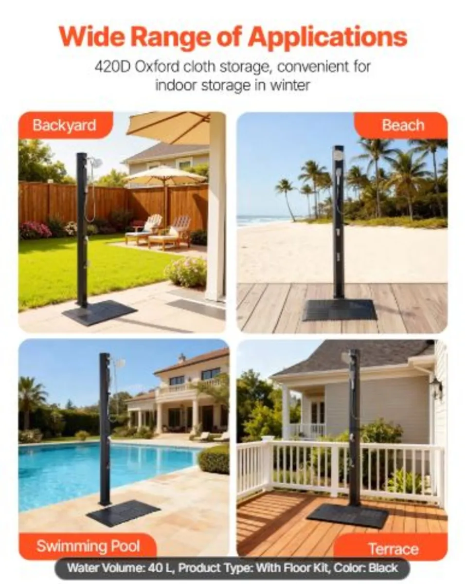 40L Solar Heated Shower, 205cm Showerhead Height - Image 4