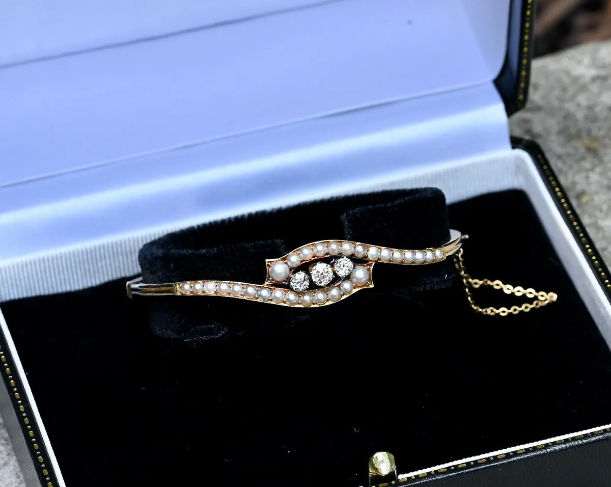 Antique Diamond & Pearl Bangle Bracelet - 1900 - Image 2