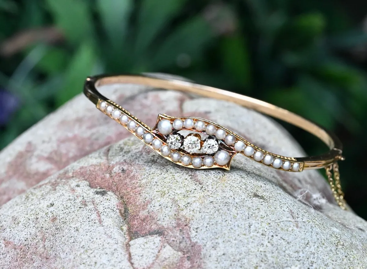Antique Diamond & Pearl Bangle Bracelet - 1900 - Image 1