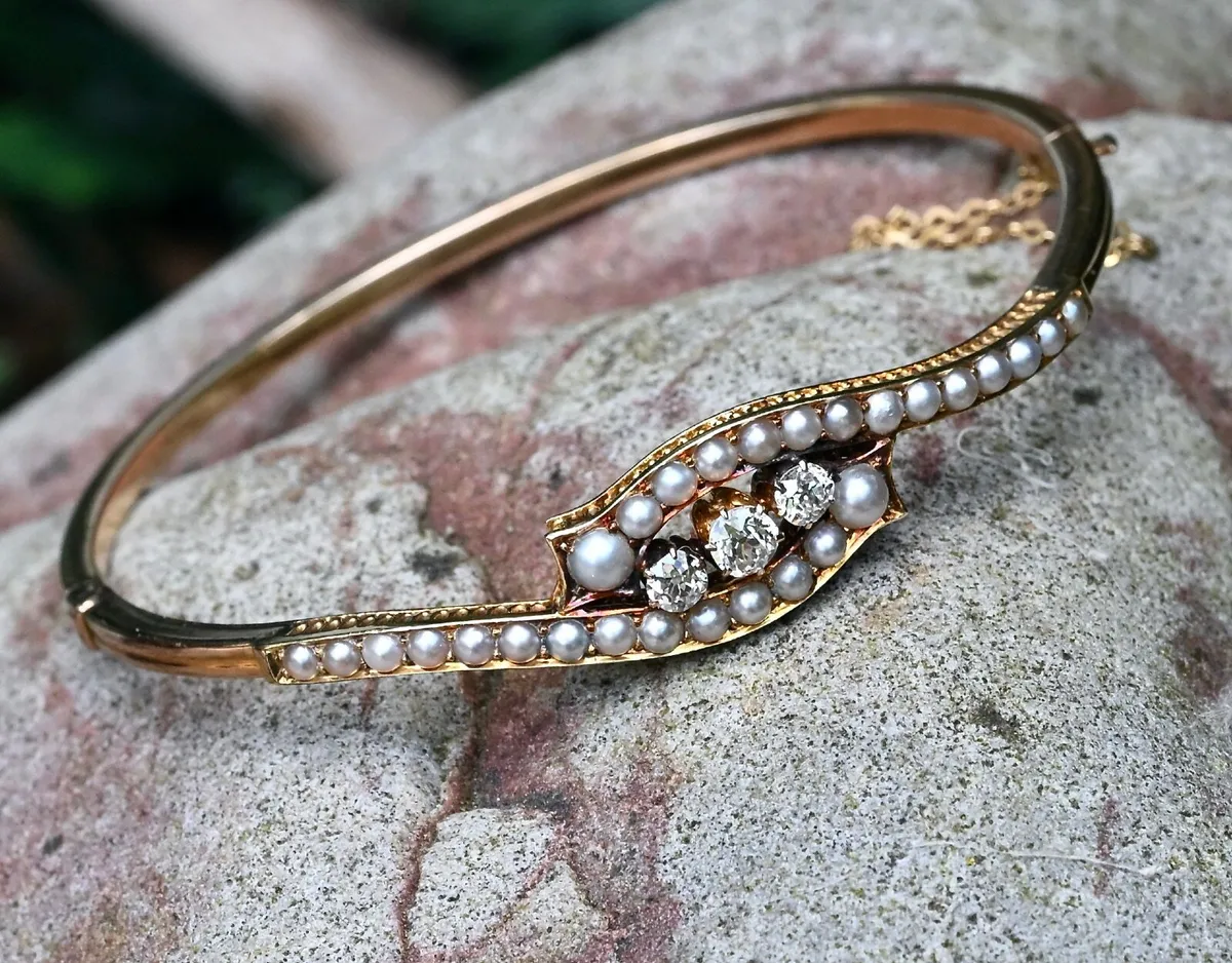 Antique Diamond & Pearl Bangle Bracelet - 1900 - Image 3