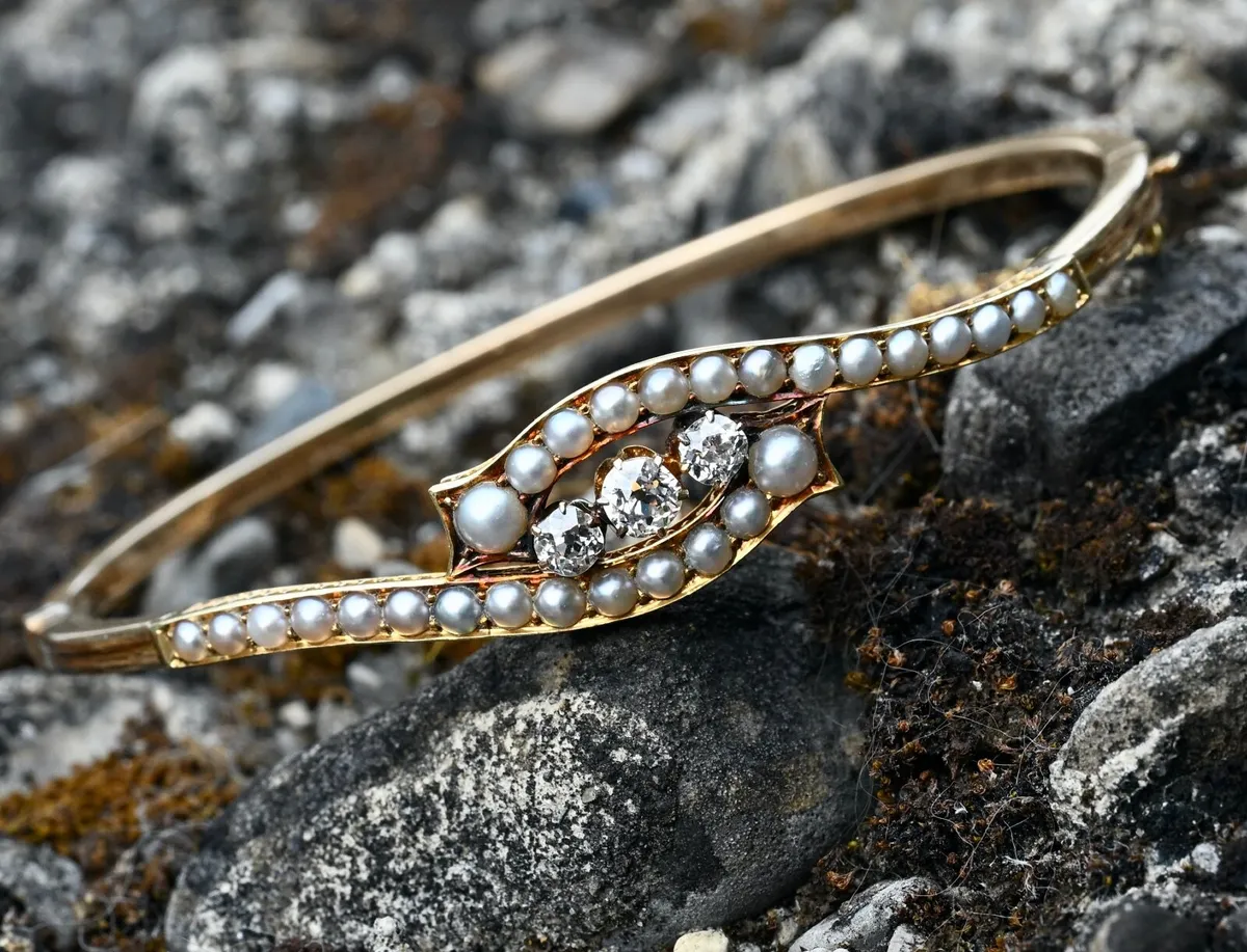 Antique Diamond & Pearl Bangle Bracelet - 1900 - Image 4