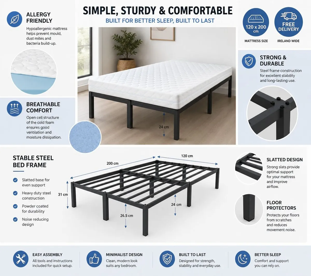 Small Double Metal Bed Frame with Mattress - Image 3