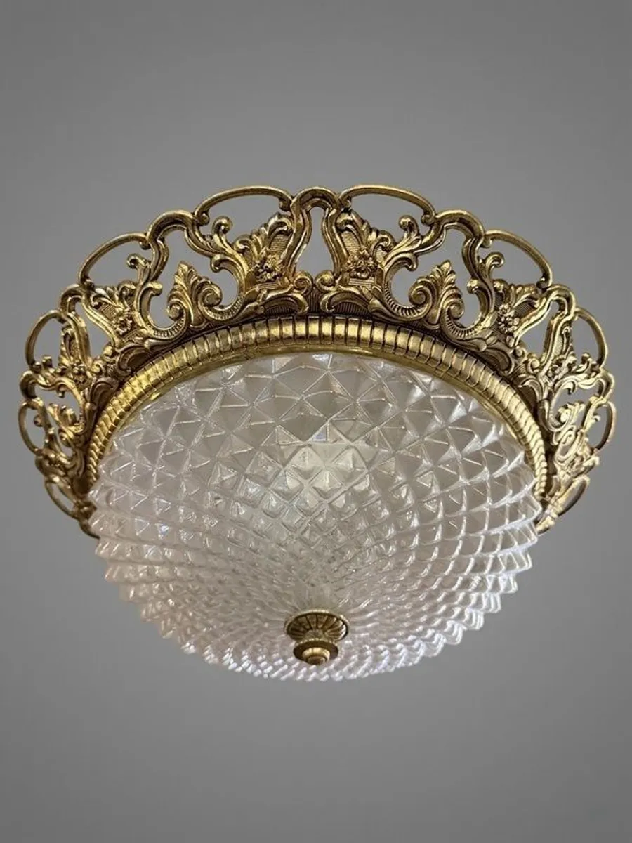 FLASH SALE ! Was 395 Now 320 ! Vintage 1960s French Brass & Cut Glass Statement Light - Image 1