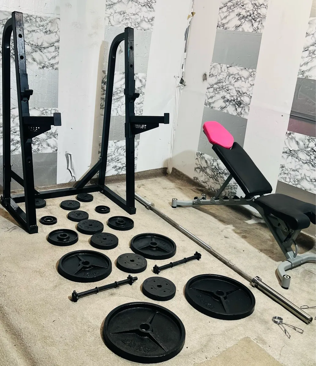 SQUAT RACK OLYMPIC WEIGHTS BENCH BARBELL DUMBBELLS - Image 1