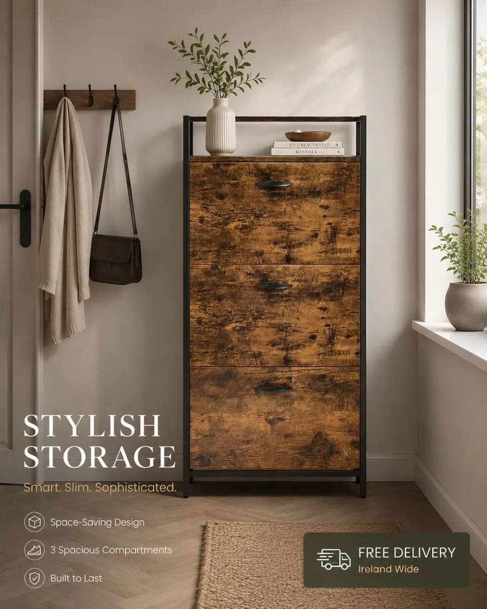 Rustic Brown Shoe Cabinet with 3 Flip Drawers Spac - Image 1