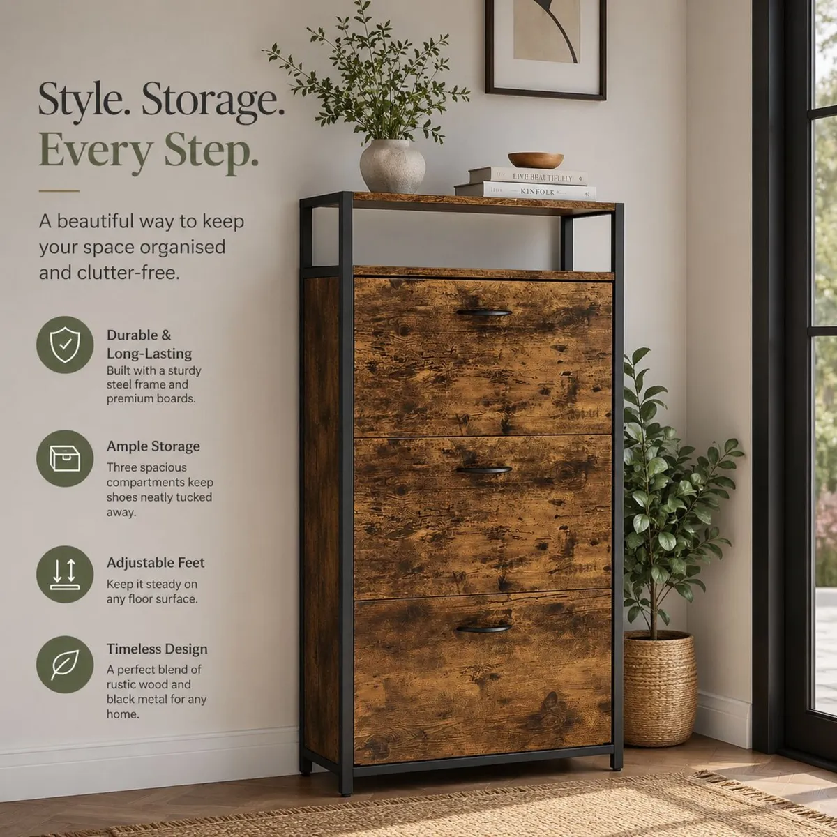Rustic Brown Shoe Cabinet with 3 Flip Drawers Spac - Image 3