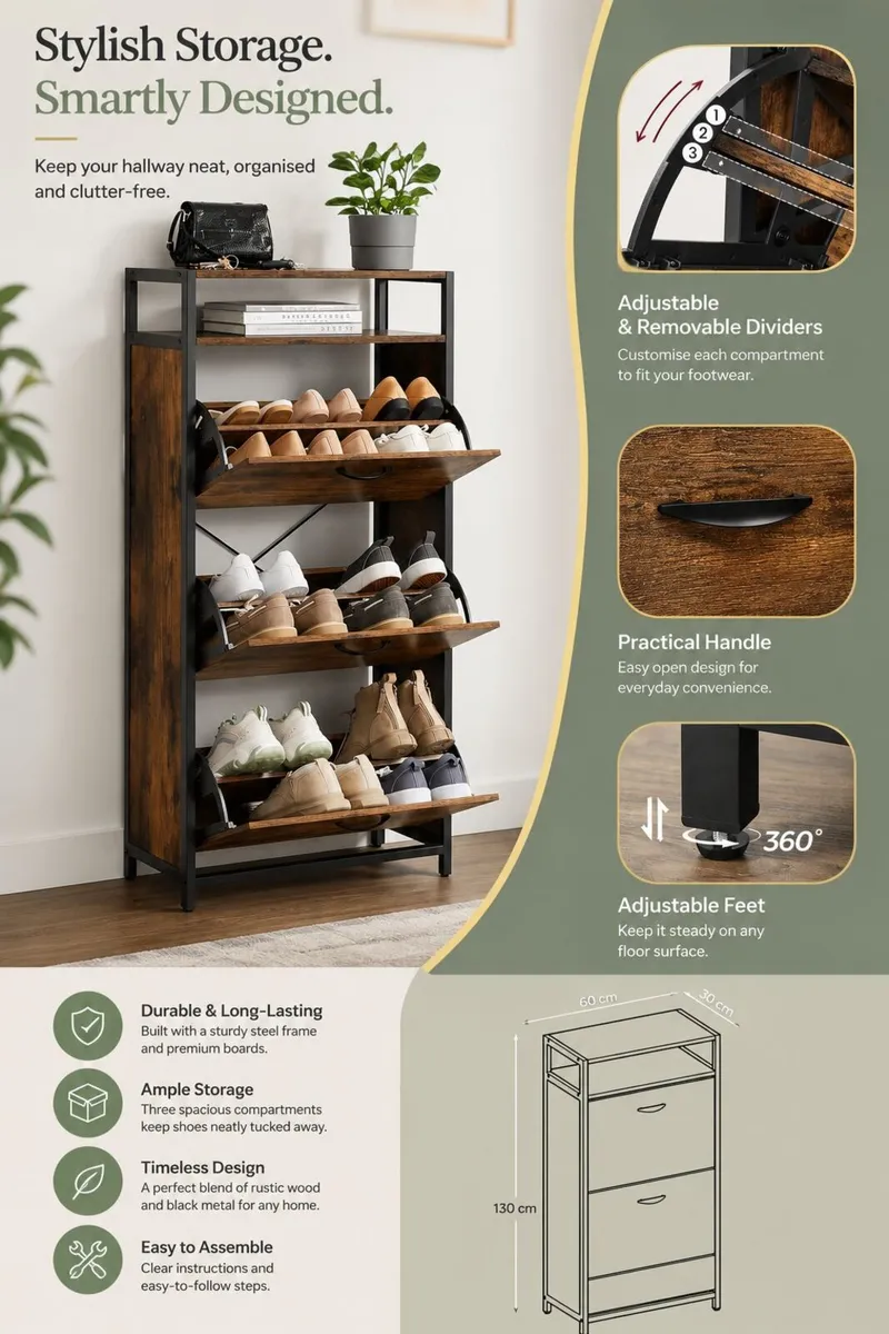 Rustic Brown Shoe Cabinet with 3 Flip Drawers Spac - Image 2