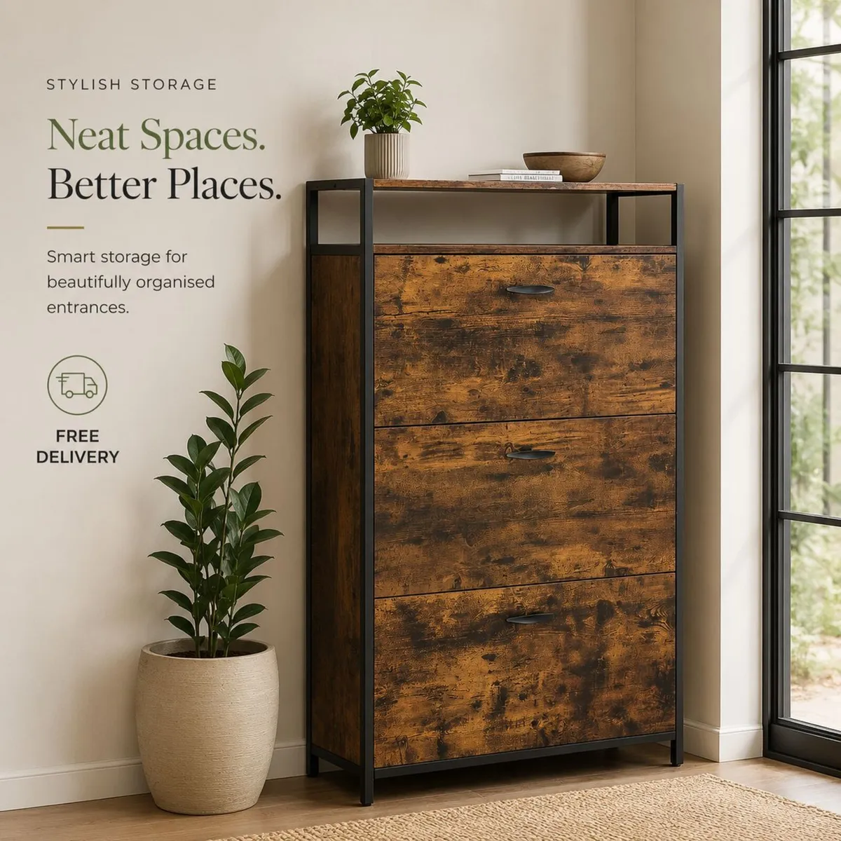 Rustic Industrial Shoe Cabinet with Adjustable - Image 1