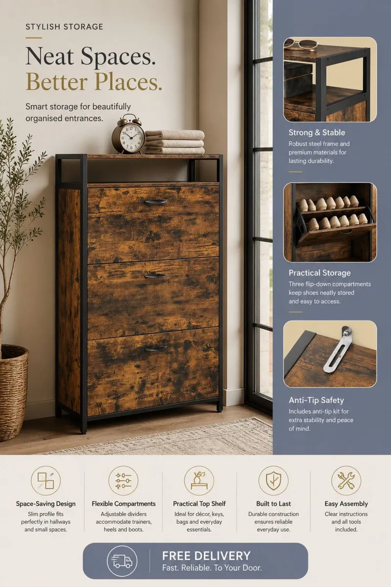 Rustic Industrial Shoe Cabinet with Adjustable - Image 2