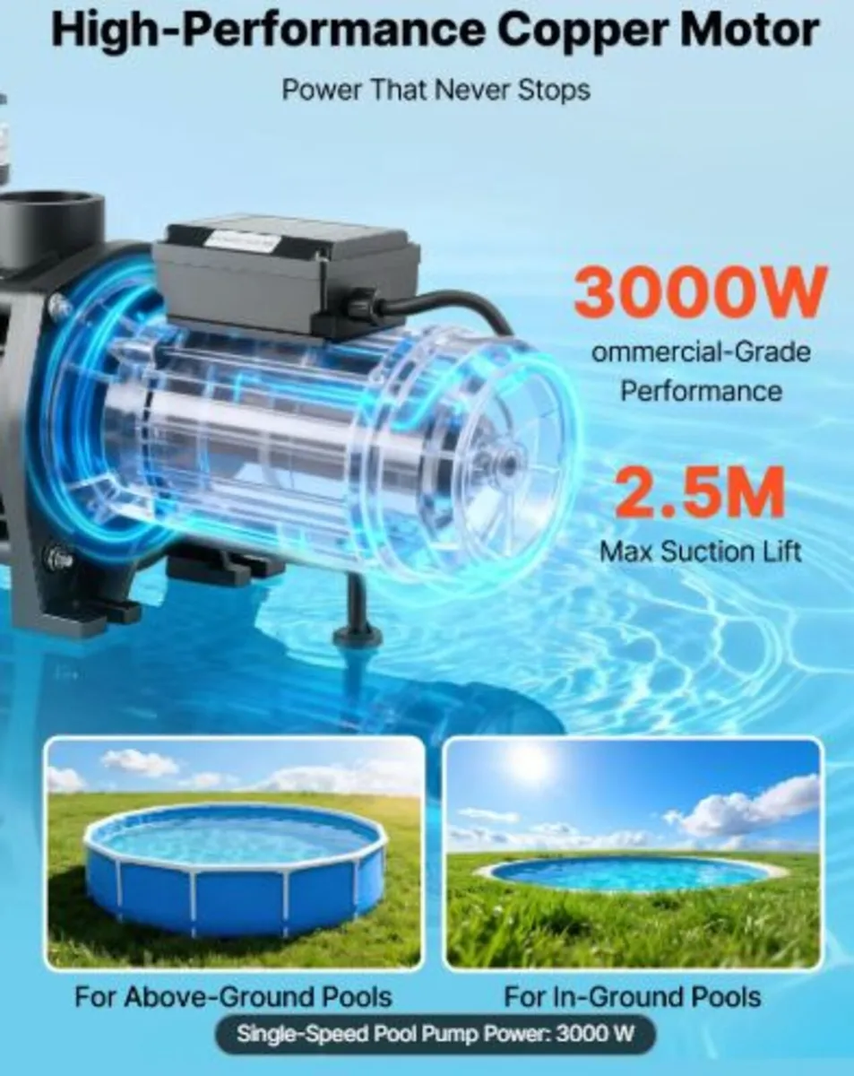 Pool Pump, 3000W, 35,000 L/H Max Flow Single Speed - Image 4