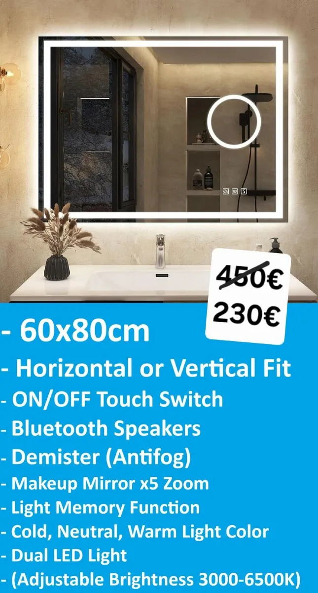 LED Bathroom Mirror Bluetooth Speakers Antifog - Image 1