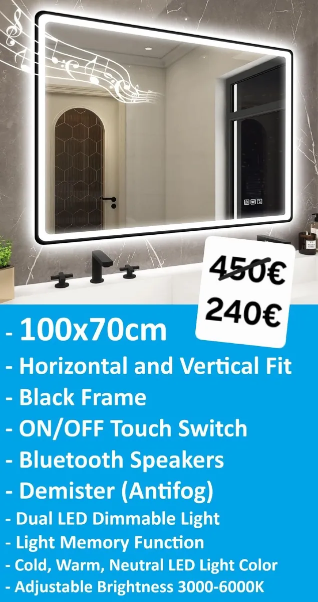 LED Bathroom Mirror 100x70cm Speakers Antifog - Image 1