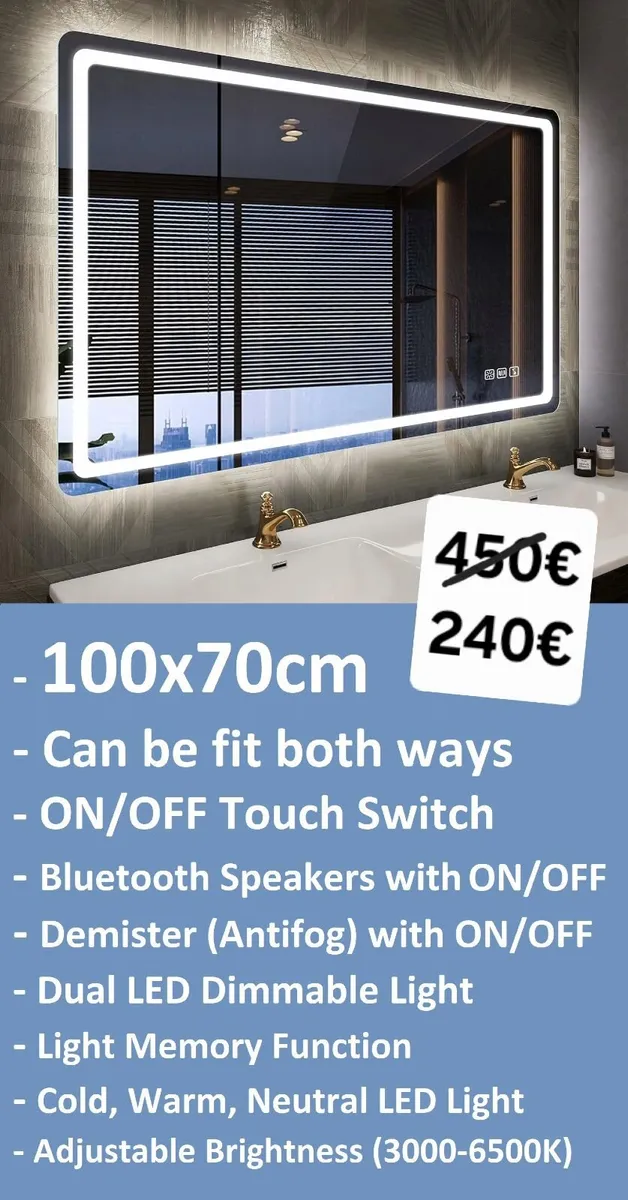 LED Bathroom Mirror Bluetooth Speakers Antifog - Image 1