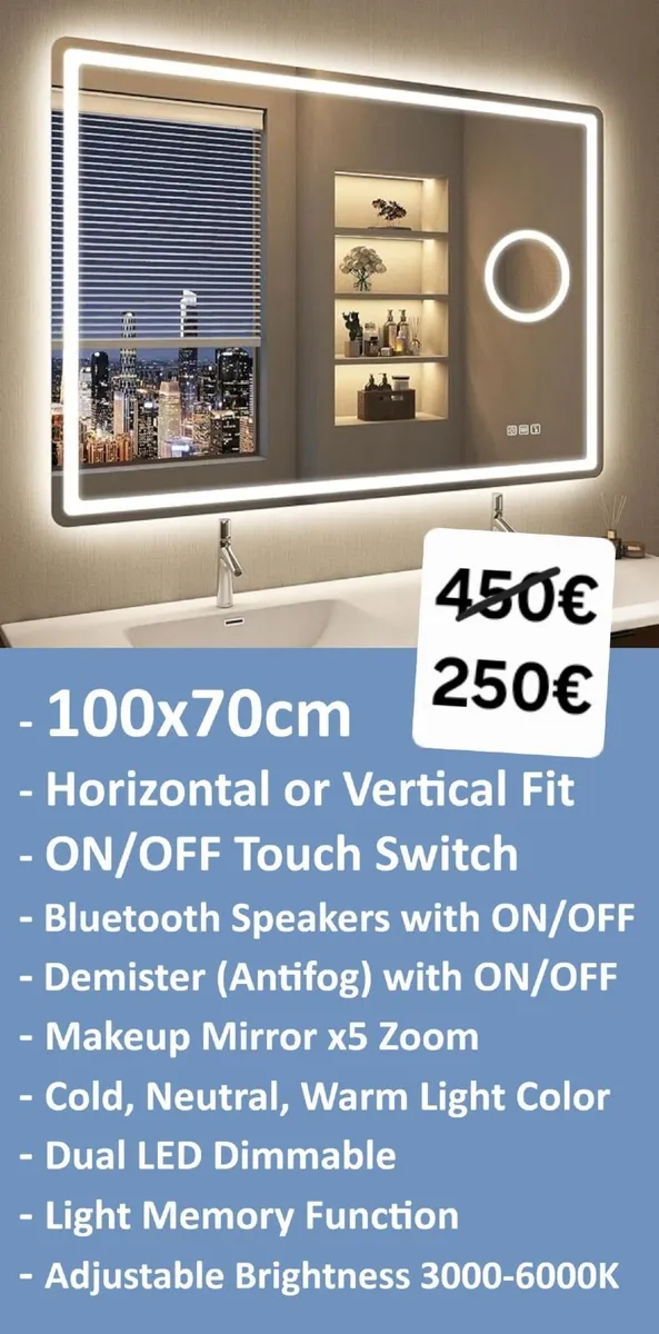 LED Bathroom Mirror 100x70cm Bluetooth Defogger - Image 1