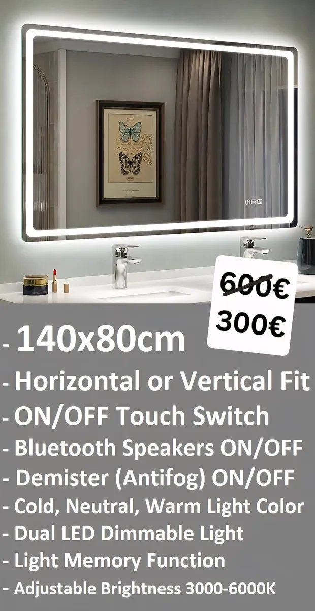 LED Bathroom Mirror 140x80cm Bluetooth Antifog - Image 1