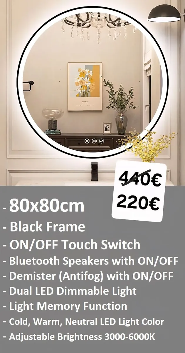 LED Bathroom Mirror Black Frame Speakers Antifog - Image 1