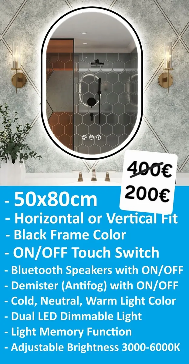 LED Bathroom Mirror 50x80cm Bluetooth Antifog - Image 1