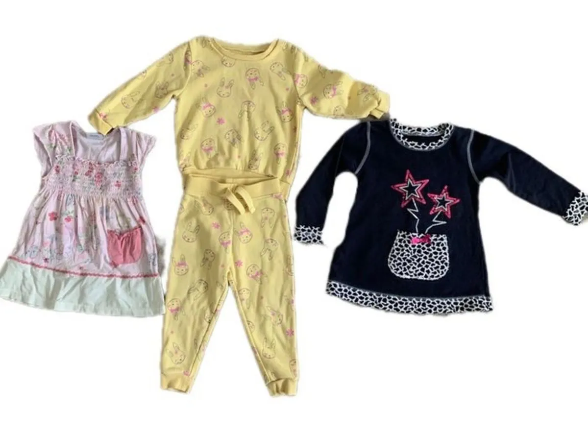 2 Dresses (floral & navy tunic) & Bunny Tracksuit