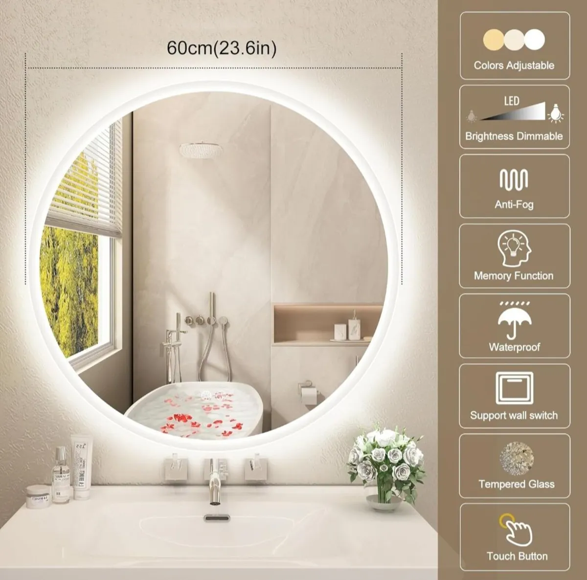 LED Bathroom Mirror 60cm Round Dual LED - Image 4