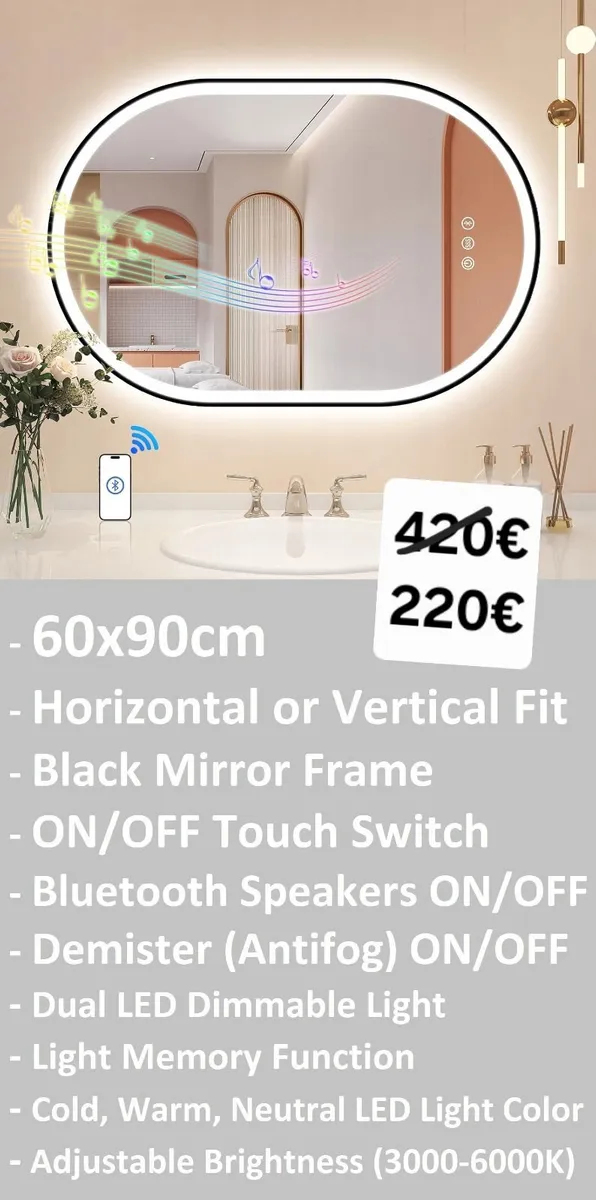 LED Bathroom Mirror Oval 60x90cm Bluetooth Speaker - Image 1
