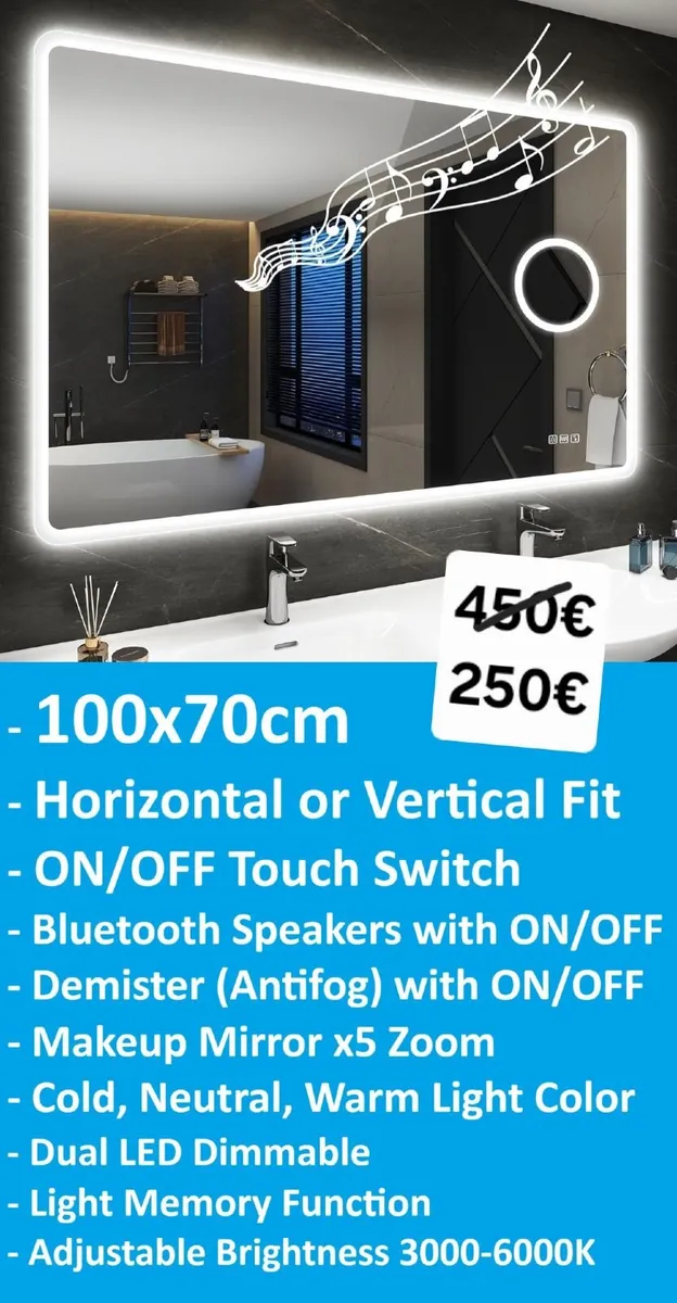 LED Bathroom Mirror 70x100 Makeup Antifog - Image 1