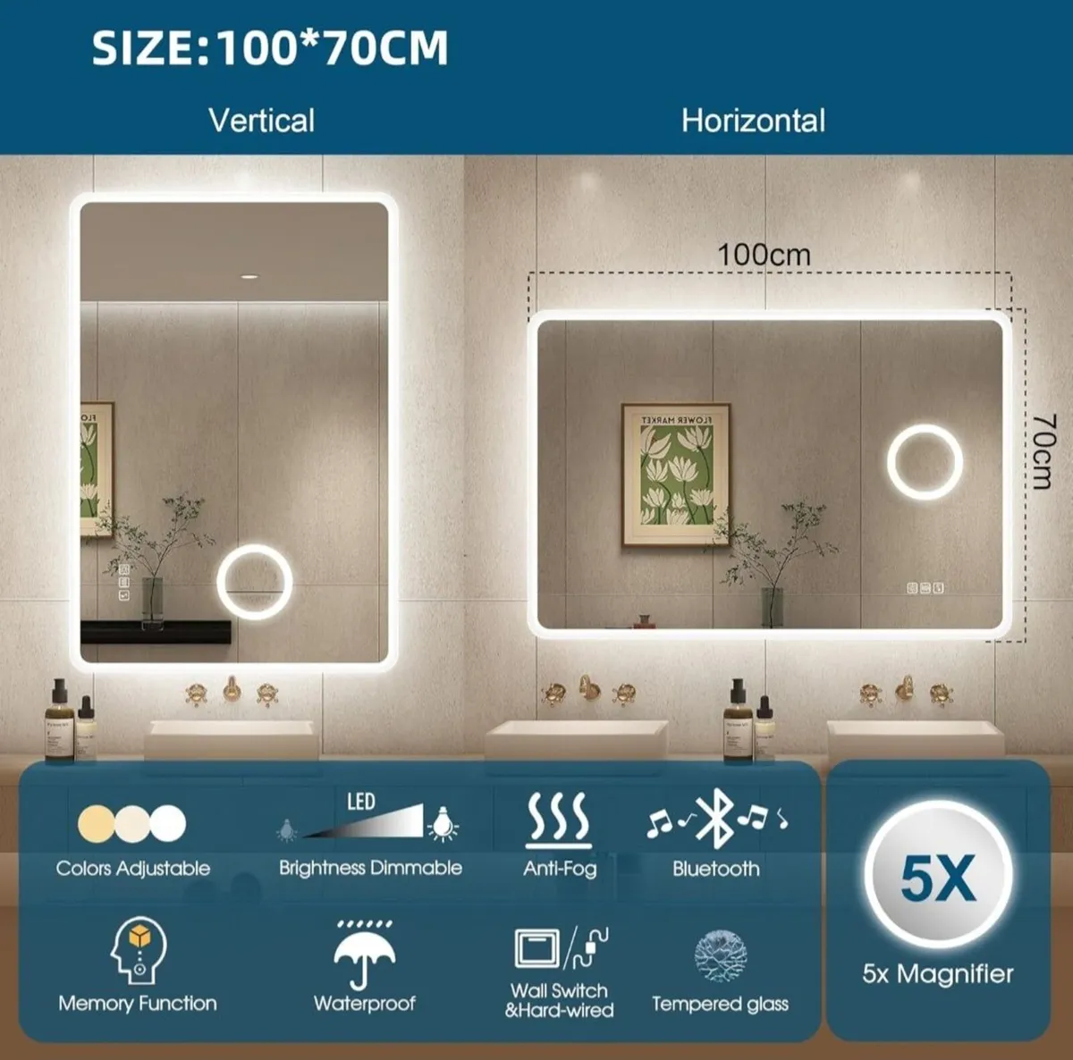 LED Bathroom Mirror 70x100 Makeup Antifog - Image 2