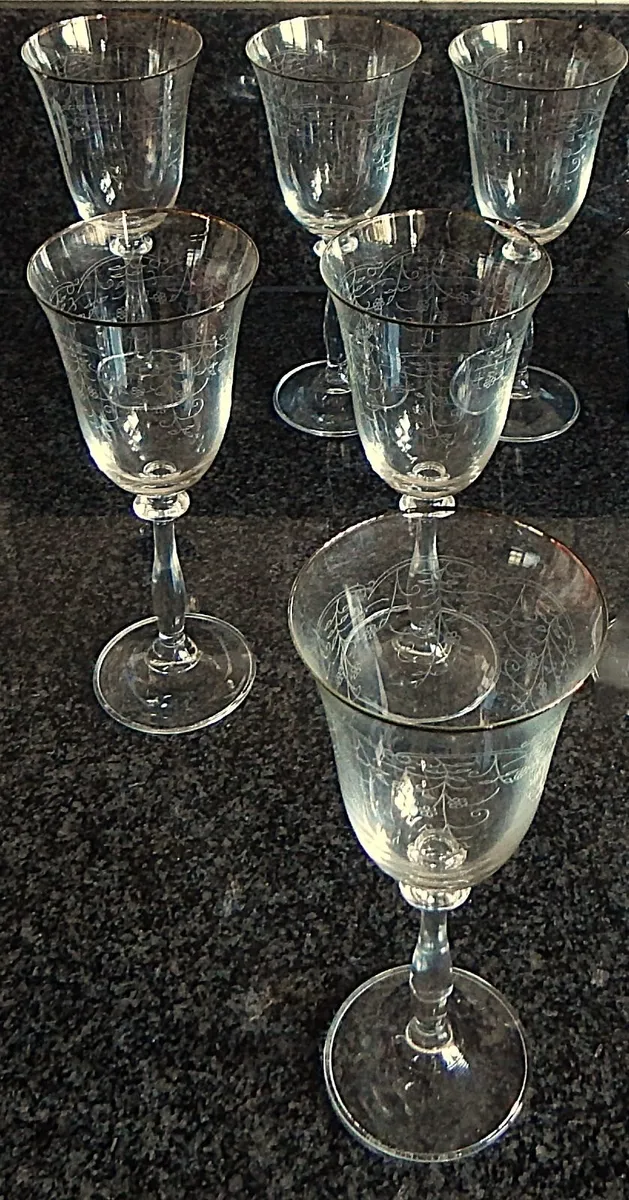 Set of 6 Etched Crystal Wine Glasses - Image 1