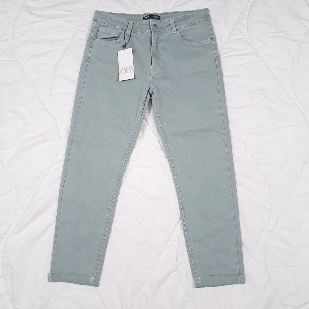 Zara Muted Green Blue Slim Fit Cropped Jeans 14UK - Image 1