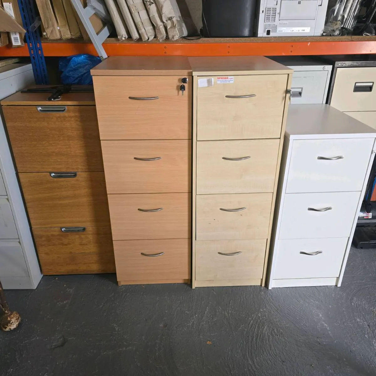 Filing cabinets x 4 and wooden storage unit - Image 1