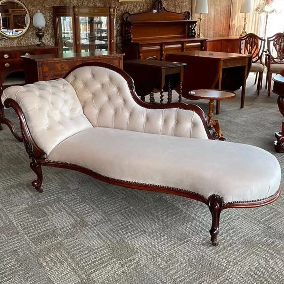 Victorian, newly upholstered cream velvet fabric