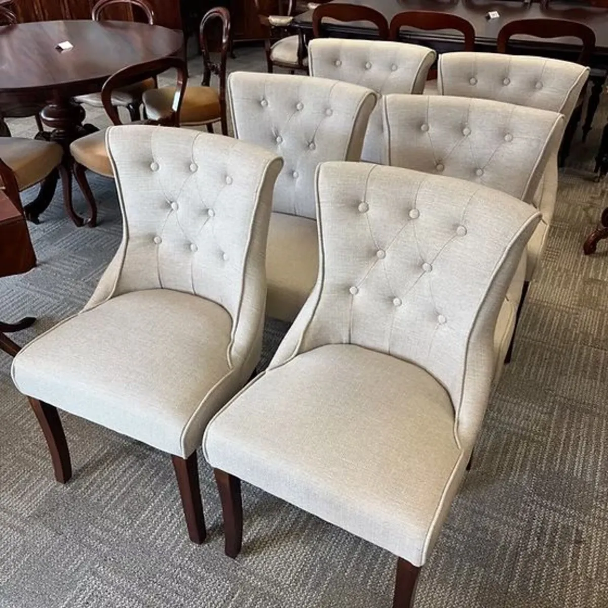 Fabulous set of 6 linen buttoned high back chairs
